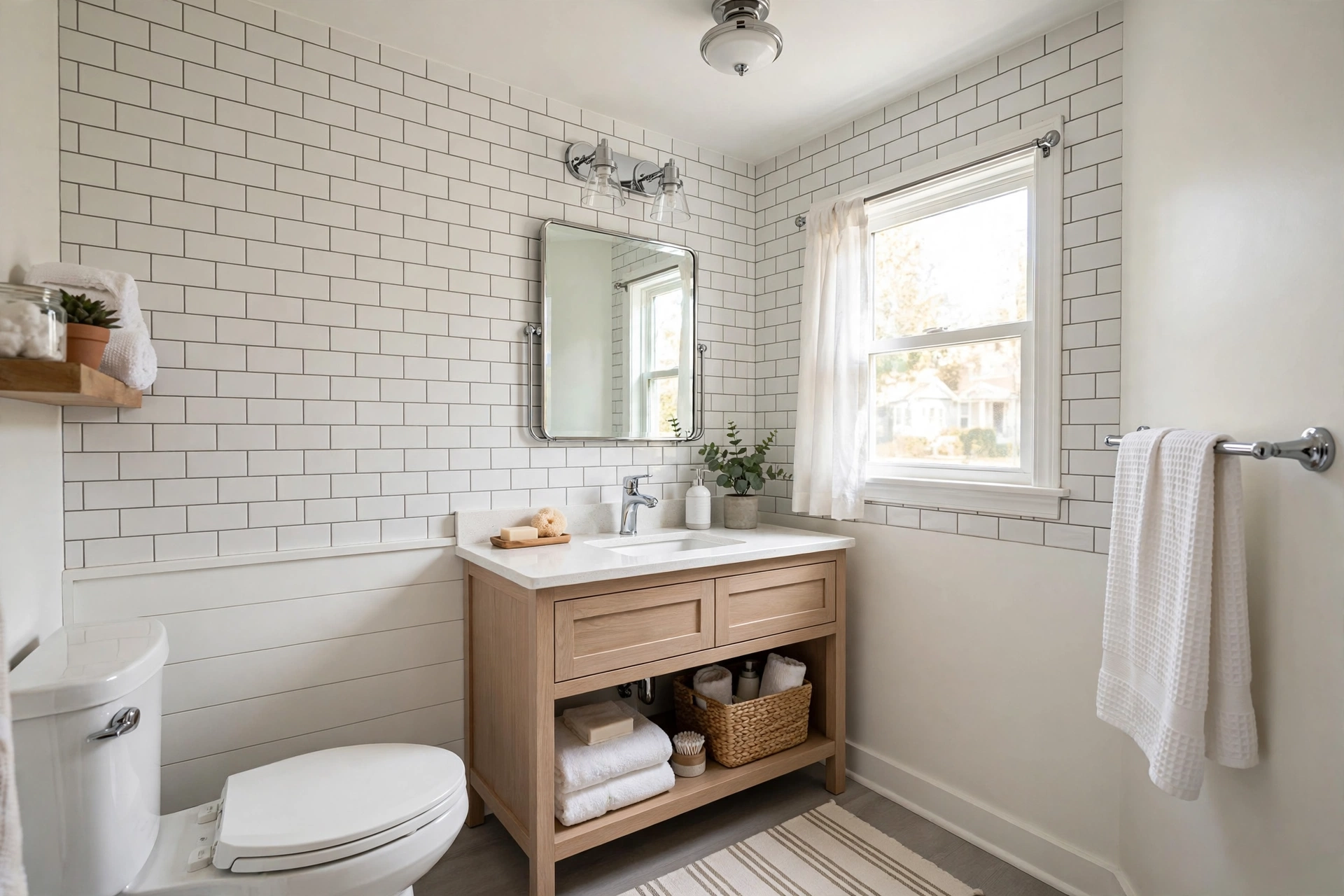 Modern renovated bathroom with subway tile - budget bathroom renovation