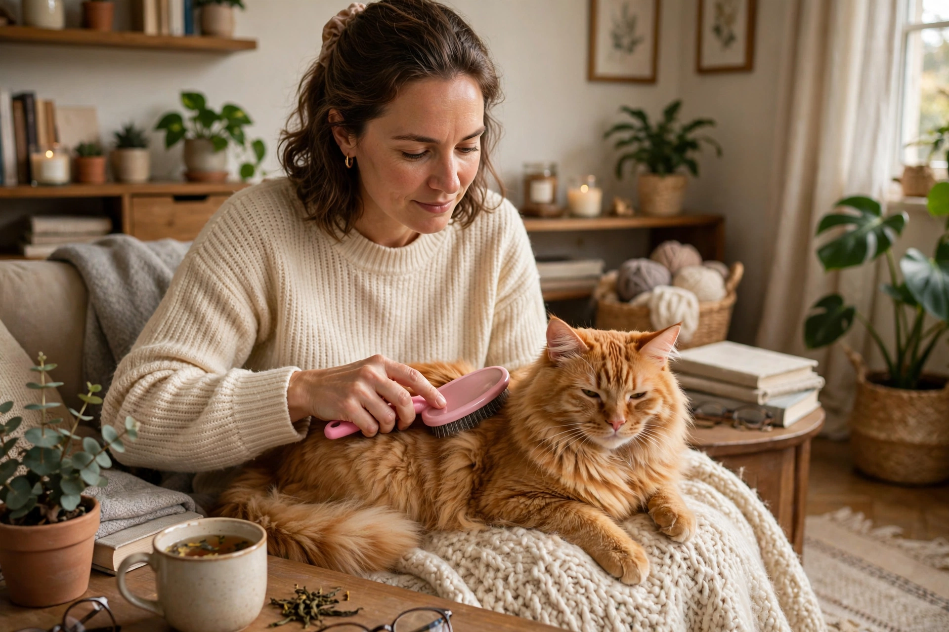 Person brushing orange cat - cat grooming at home