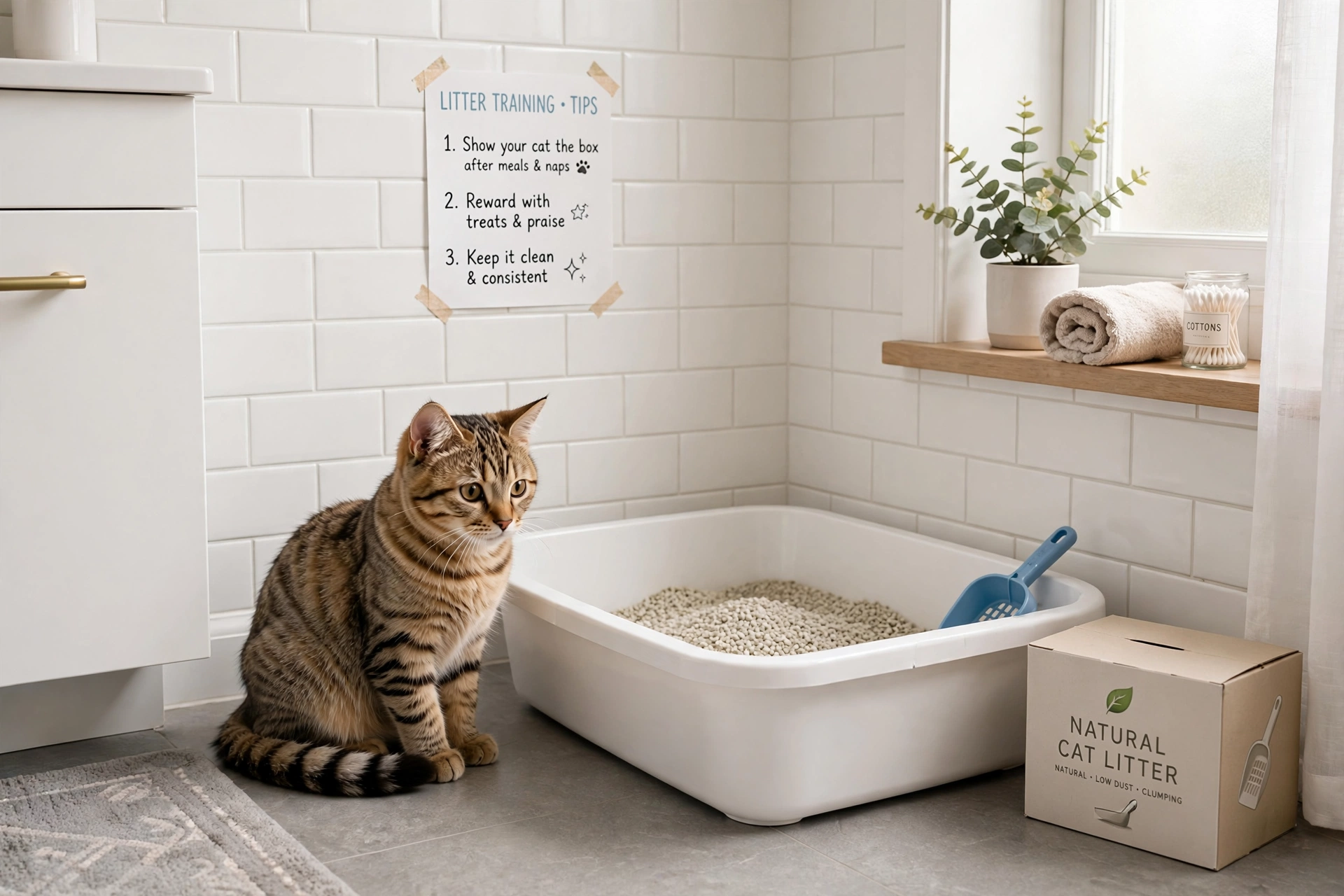 Tabby cat next to litter box - cat litter box training