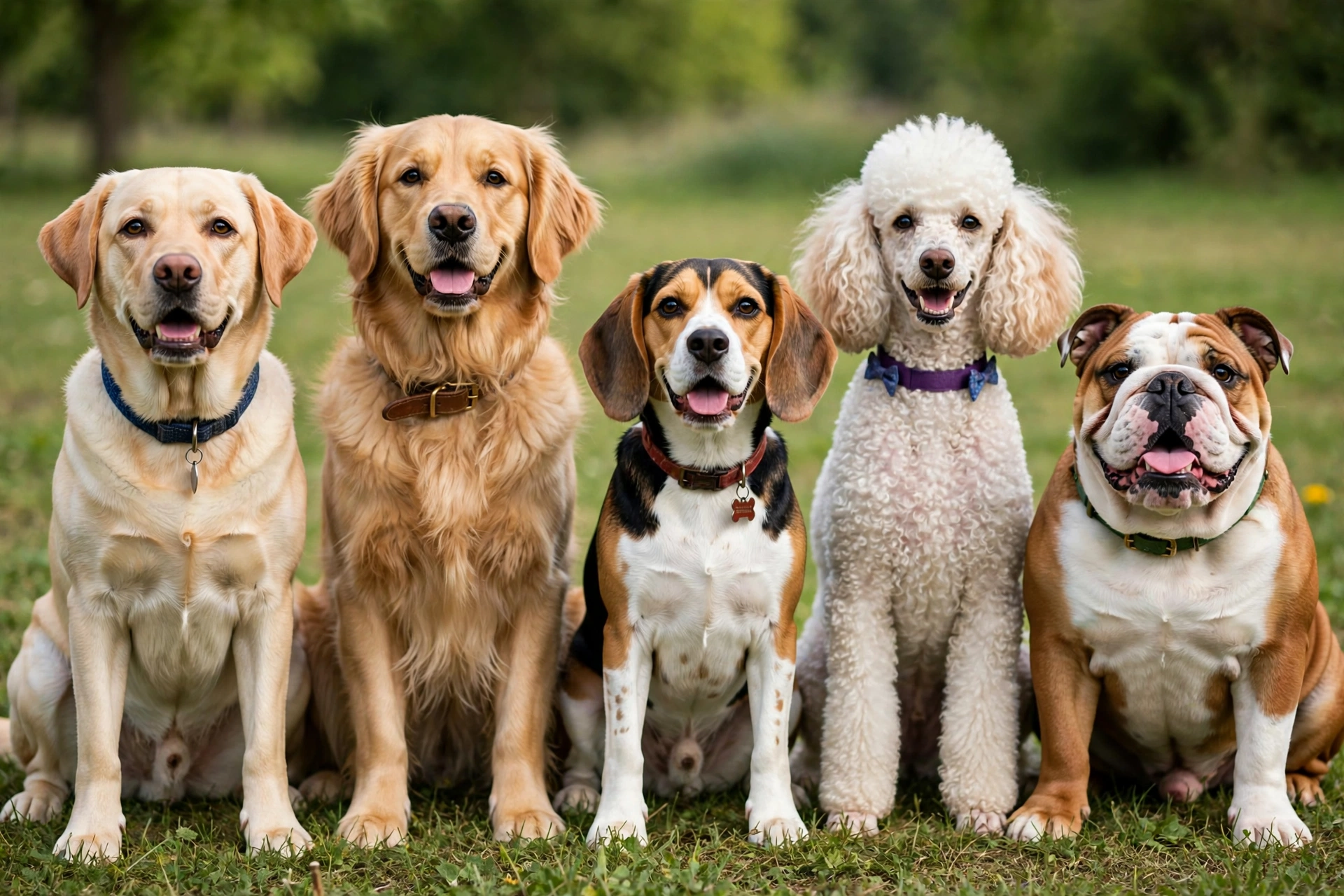 Group of different dog breeds sitting together - best dog breeds beginners