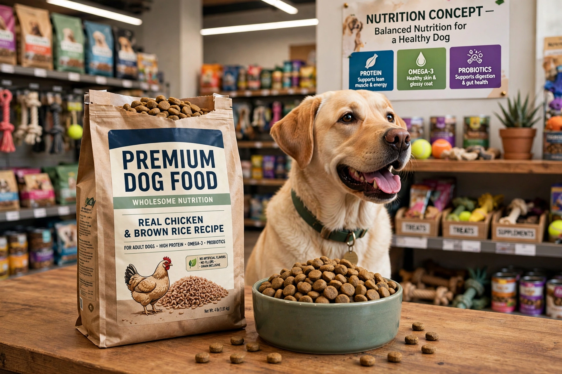 Dog food bag with kibble bowl - choosing dog food nutrition guide