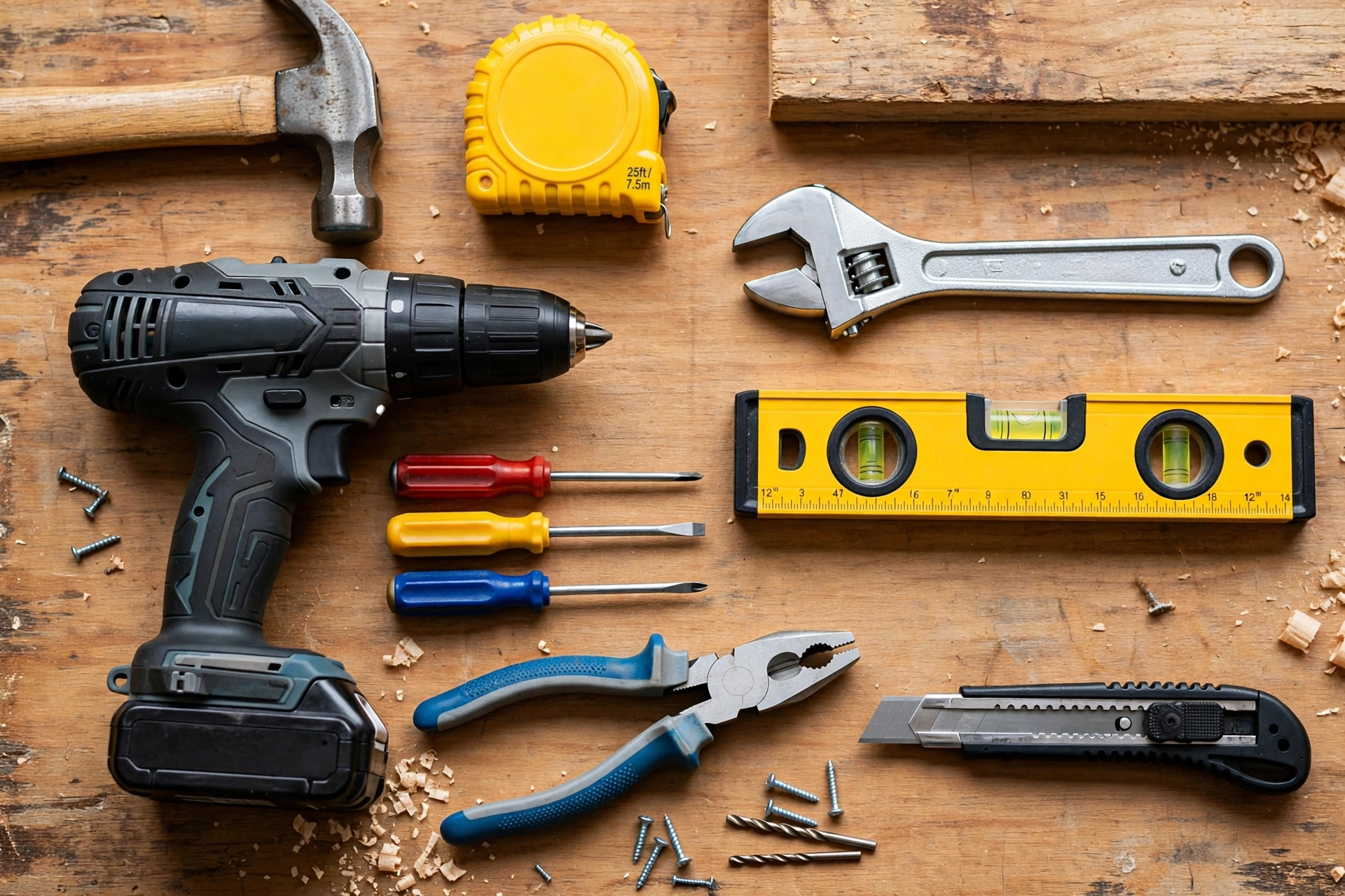 Essential homeowner tools arranged on workbench - hammer drill tape measure
