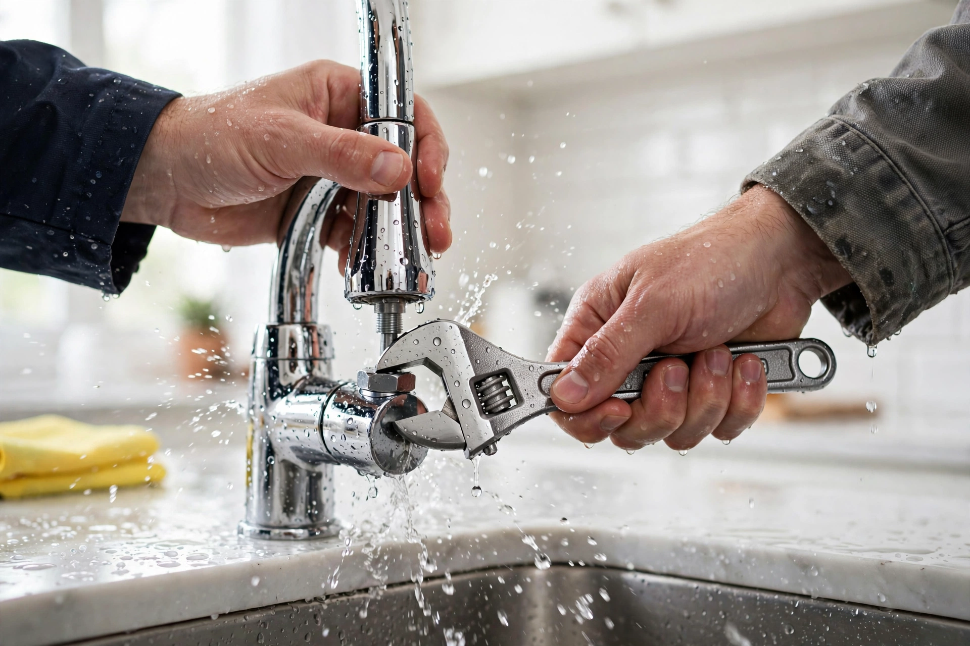Hands fixing a chrome kitchen faucet with wrench - DIY faucet repair