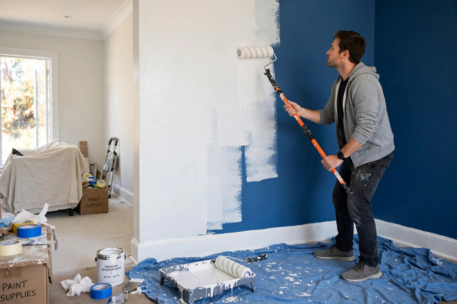 Person painting interior wall with roller - professional painting guide