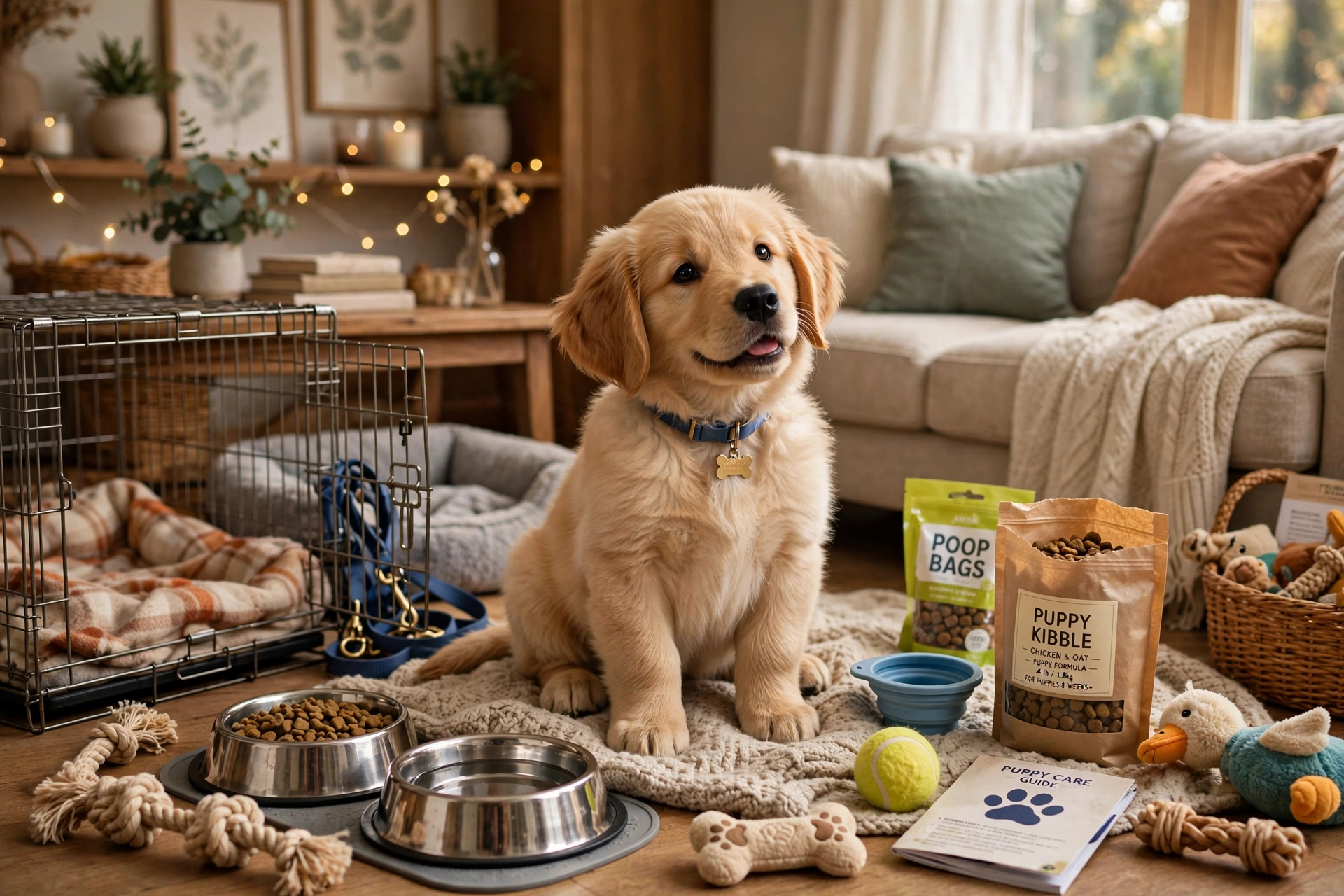 Golden retriever puppy with new supplies - new puppy checklist