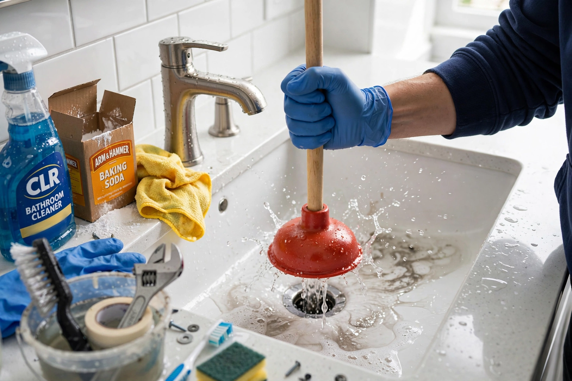 Person using plunger on bathroom sink - unclog drain DIY