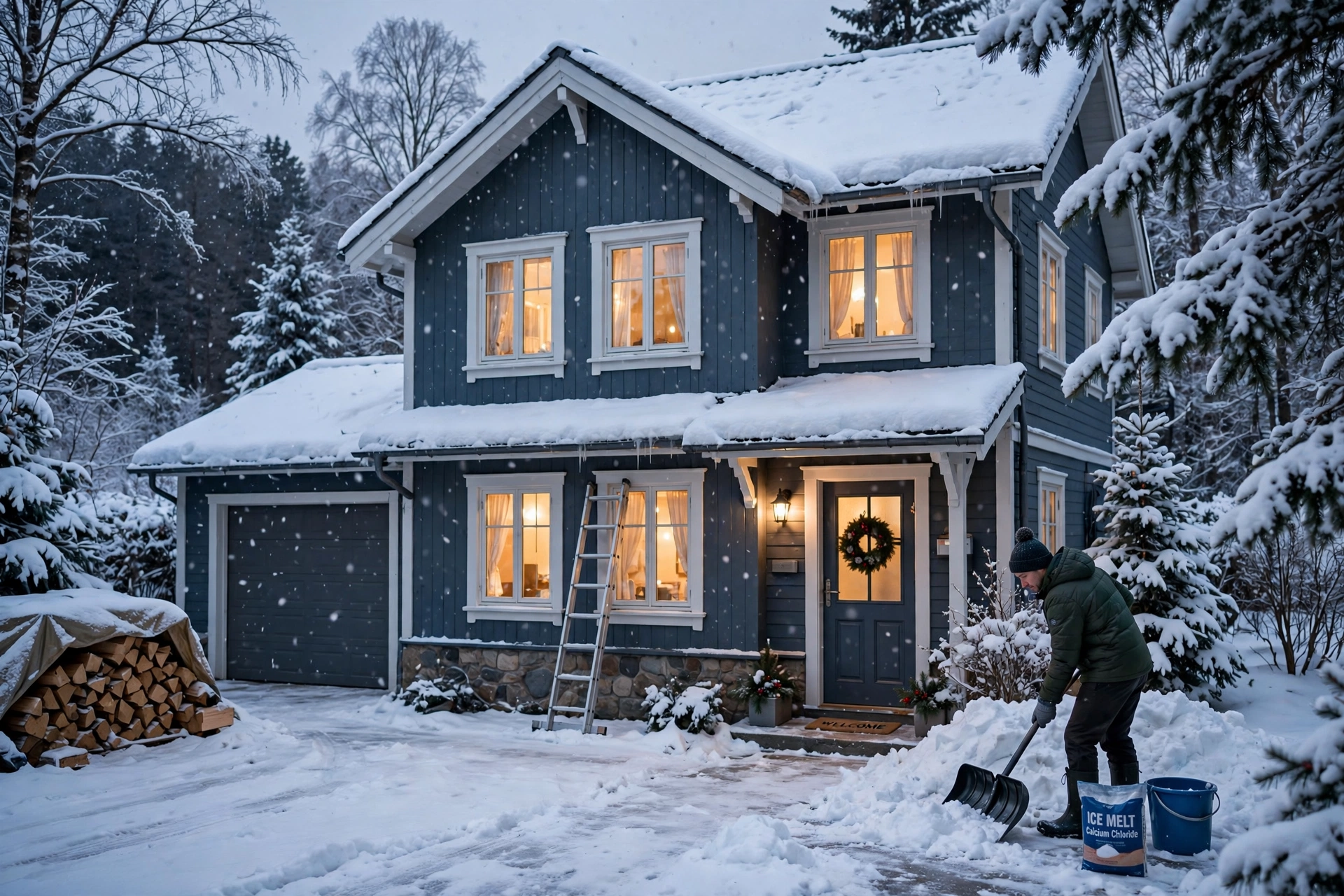 Cozy house in winter with snow - winter home maintenance